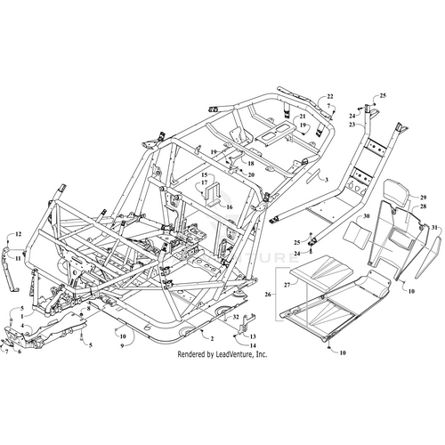 Exploded diagram of the Main Frame (Inc. 2-3) by Arctic Cat for UTV/ATV, displaying labeled and numbered structural components, subframes, panels, and connection points with OEM Arctic Cat parts.