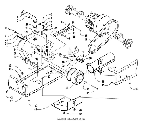 Black and white technical diagram shows an exploded view of a mechanical assembly with numbered parts, such as motor, belt, ducts, pulleys, and the Ball Stud by Arctic Cat. Each component is separated and clearly labeled.