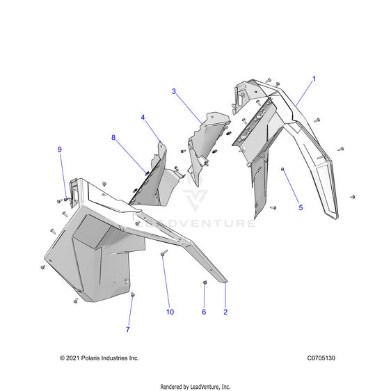 An Image of a Genuine Polaris Parts Schematic Diagram showing the schematic - BODY: FRONT FENDER - 2023 POLARIS RZR TURBO R 4 PREMIUM RIDE COMMAND
