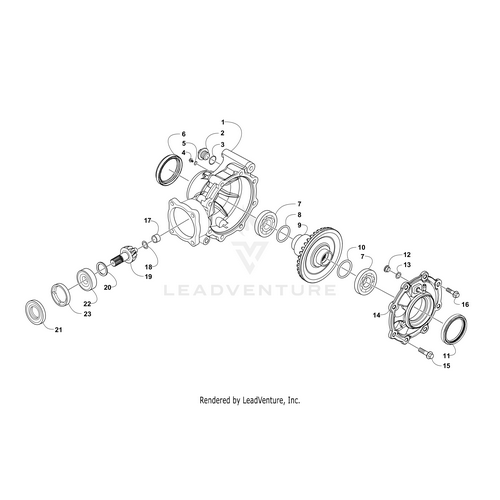 Exploded diagram of a mechanical assembly for an Arctic Cat UTV, displaying labeled gears, bearings, seals, bolts, housing parts—including the C-Ring-R90 by Arctic Cat—for convenient OEM part identification.