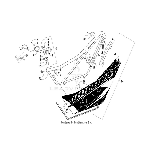 Exploded diagram of the Arctic Cat Door Panel W/Decals-Vr-Left (Wc X Ltd) (Inc. 25-27) showing numbered parts, including brackets, bolts, and crackled WILDCAT decals—ideal for identifying or sourcing Arctic Cat OEM door panels.