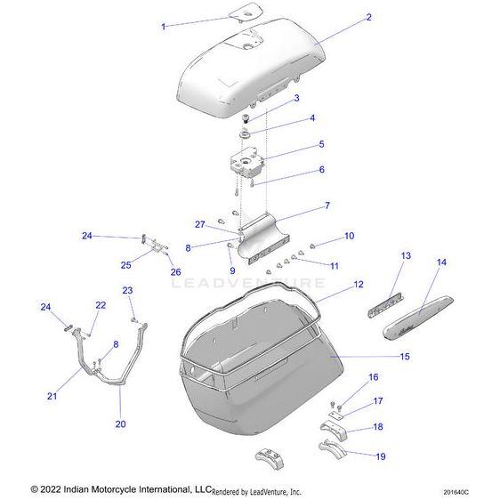 Exploded diagram of a motorcycle trunk assembly showing parts like trunk lid, base, brackets, screws, and mounting components—including the Lid Saddlebag RH Bludsk [Blue Dusk] by Polaris—each labeled with a reference number.
