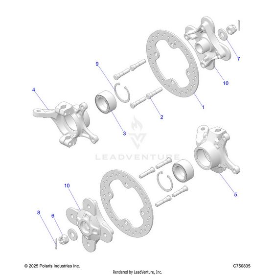 An Image of a Genuine Polaris Parts Schematic Diagram showing the schematic - SUSPENSION: FRONT CARRIER AND HUB - 2026 POLARIS RZR XP 1000 SPORT