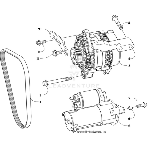 Line drawing of a car alternator assembly with labeled parts, including the Bolt by Arctic Cat—featuring OEM Arctic Cat 3040-024—plus a drive belt, fasteners, and starter motor, all shown separately for easy identification and installation.