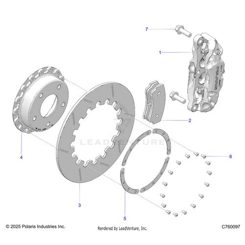 An Image of a Genuine Polaris Parts Schematic Diagram showing the schematic - BRAKES: CALIPER AND BRAKE DISC FRONT - 2026 POLARIS RZR PRO R RACE H.O.