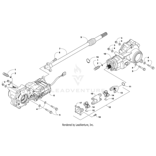 Exploded diagram of the Front Gearcase by Arctic Cat, highlighting parts like shafts, gears, bolts, and housings. Each OEM Arctic Cat component is numbered to display positions and connections within the assembly.