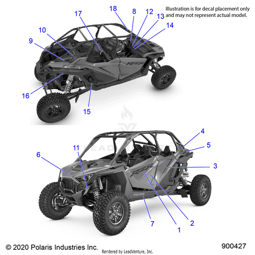 An Image of a Genuine Polaris Parts Schematic Diagram showing the schematic - BODY: DECALS - 2022 POLARIS RZR PRO R 4 SPORT