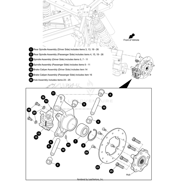 Technical diagram displays the rear left spindle-bearing-bushing assembly for Arctic Cat UTVs, with labeled parts including items 5, 7-11. OEM Arctic Cat components are identified in a numbered callout list.
