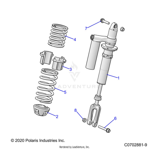 An Image of a Genuine Polaris Parts Schematic Diagram showing the schematic - SUSPENSION: FRONT SHOCK MOUNTING - 2023 POLARIS RZR PRO R SPORT/PREMIUM