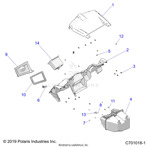 An Image of a Genuine Polaris Parts Schematic Diagram showing the schematic - BODY: DASH AND GLOVEBOX - 2020 POLARIS RZR TRAIL S 900