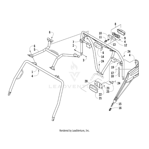 Line drawing of an Arctic Cat Wildcat roll cage with numbered parts—ideal as a reference or guide for installing the Side Restraint - Left (Inc. 16) by Arctic Cat or other OEM components.