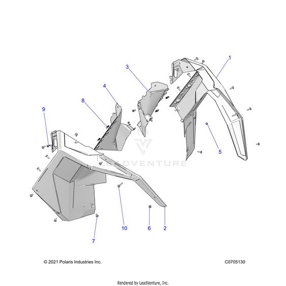 An Image of a Genuine Polaris Parts Schematic Diagram showing the schematic - BODY: FRONT FENDER - 2022 POLARIS RZR TURBO R 4 SPORT