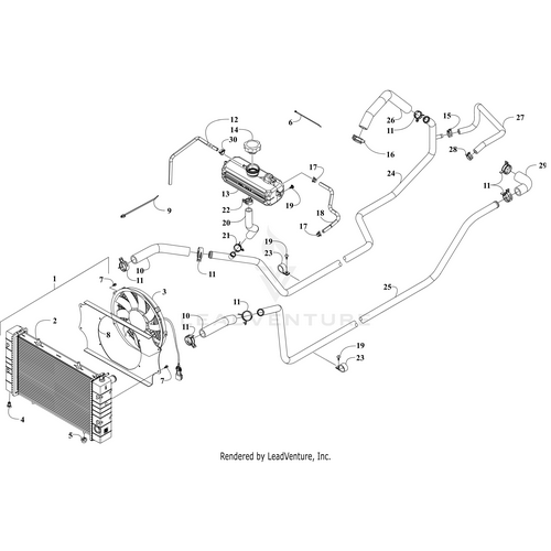 Exploded diagram of a vehicle’s cooling system showing components like radiator, hoses, fan, clamps, and Overflow Tank by Arctic Cat, with each OEM Arctic Cat part numbered for easy reference.