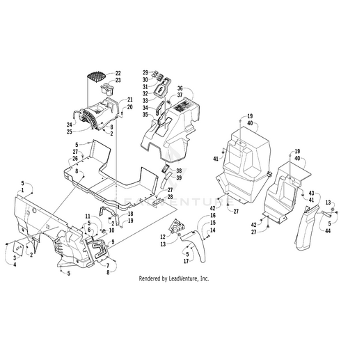 Exploded diagram of the Arctic Cat Front Fender-Right (Brnt Org), with numbered covers, levers, and internal parts—perfect for finding OEM or UTV/ATV accessories—each part separated and clearly labeled for easy identification.