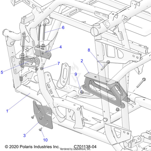 An Image of a Genuine Polaris Parts Schematic Diagram showing the schematic - CHASSIS: ENGINE AND REAR DRIVELINE MOUNTING - 2022 POLARIS RZR PRO R SPORT/PREMIUM