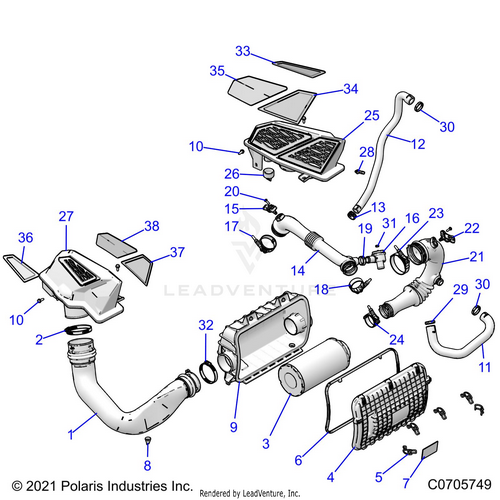 An Image of a Genuine Polaris Parts Schematic Diagram showing the schematic - ENGINE: AIR INTAKE SYSTEM - 2023 POLARIS RZR TURBO R PREMIUM