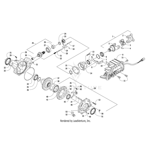 Exploded diagram of a mechanical assembly with numbered parts—featuring the Arctic Cat Gearcase Cover (Inc. 40-50 and No. 51) and OEM parts from Witchdoctors.com—for precise technical reference.