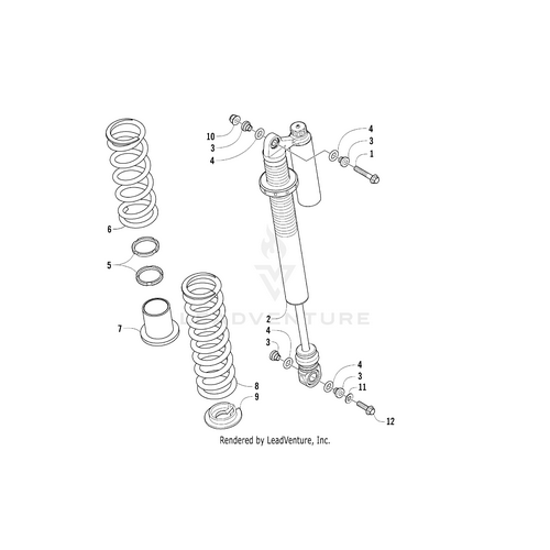 Exploded diagram of a shock absorber assembly highlights labeled parts—including coils, bushings, washers, nuts, main shock absorber, and the Rear Shock Mount Spacer by Arctic Cat. Find OEM Arctic Cat parts at Witchdoctors.com.