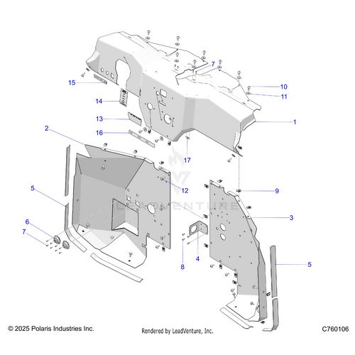 An Image of a Genuine Polaris Parts Schematic Diagram showing the schematic - BODY: DASH AND FRONT PANELS - 2026 POLARIS RZR PRO R RACE