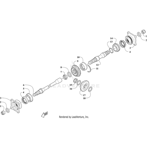 Exploded diagram of a differential gear assembly with labeled gears, bearings, shafts, and housings arranged left to right. Features OEM parts like the Arctic Cat Thrust Washer 20Mm (Arctic Cat 3305-554).