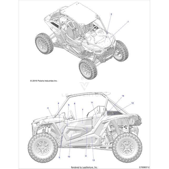 An Image of a Genuine Polaris Parts Schematic Diagram showing the schematic - BODY: DECALS GRAPHICS GHOST GRAY - 2020 POLARIS RZR TURBO S