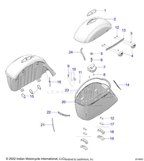 Exploded diagram of the Bin Saddlebag LH Sblmsqtxgx [Spirit Blue Metallic/Silver Quartz Metallic W/ Gfx] by Polaris, with labeled lid, body, hinges, OEM latch, and screws for easy reference and assembly.