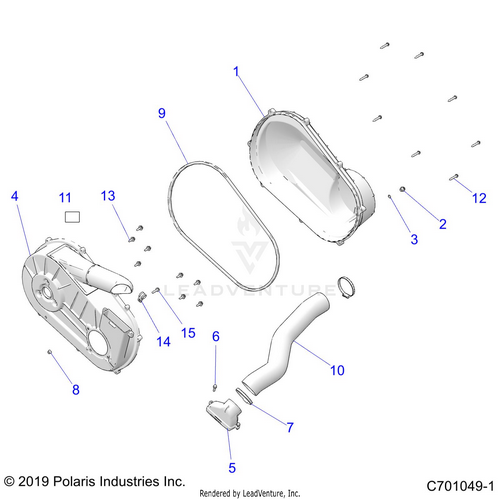 An Image of a Genuine Polaris Parts Schematic Diagram showing the schematic - DRIVE TRAIN: CLUTCH COVER and DUCTING - 2020 POLARIS RZR 570
