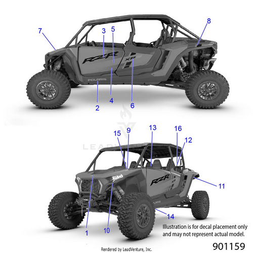 An Image of a Genuine Polaris Parts Schematic Diagram showing the schematic - BODY: DECALS - 2026 POLARIS RZR XP S 4 1000 ULTIMATE