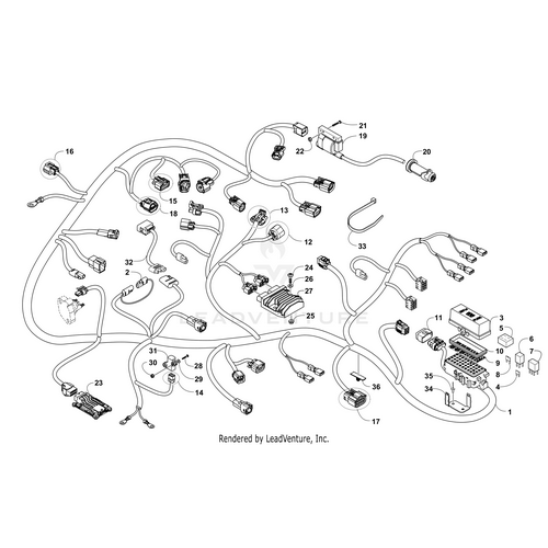 A detailed black and white diagram of an automotive wiring harness showing numbered connectors, wires, and electrical components—ideal for referencing OEM Arctic Cat parts like the ECM by Arctic Cat.