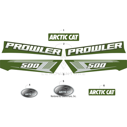 Arctic Cat Logo Decal Green by Arctic Cat—perfect as an OEM part or to upgrade your Arctic Cat Prowler 500 with authentic green and silver decals, including the oval logo, PROWLER, 500, and ARCTIC CAT stickers.
