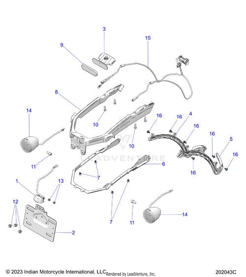 Exploded diagram of Indian Motorcycle rear fender assembly, showing each OEM part—including the Plate License Plate Black by Polaris—numbered and labeled for easy identification in Polaris Factory parts listings.