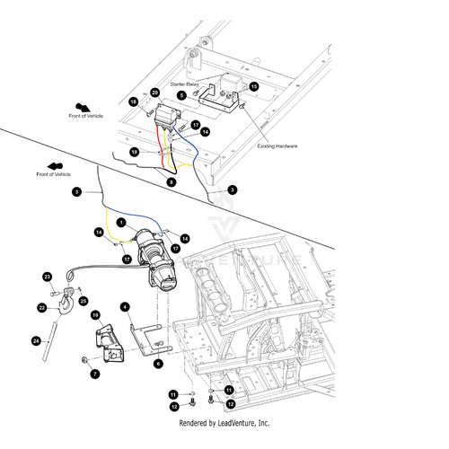 Black and white diagram illustrating the installation and wiring of a starter relay in a vehicle chassis, with labeled wires—perfect for integrating OEM Arctic Cat parts or the UTV Winch Harness by Arctic Cat, plus step-by-step assembly instructions.