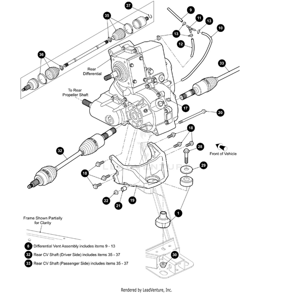 Exploded diagram of a vehicle’s rear differential and CV shafts, featuring labeled OEM Arctic Cat parts, such as the Cv Rear 27&29 Tooth by Arctic Cat (Part #651684), with assembly positions, directional indicators, and reference numbers.