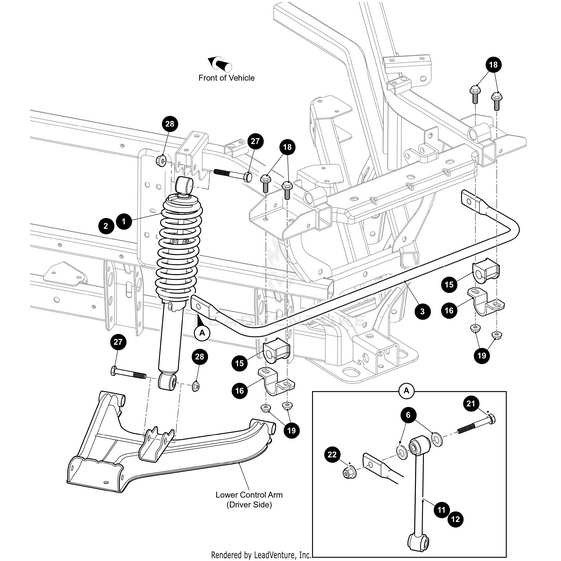 Diagram of a vehicle’s front suspension system with labeled parts, including the Arctic Cat Shock Absorber (For Stampede X), lower control arm, sway bar, frame components on the driver’s side, and an inset showing the sway bar end link assembly.