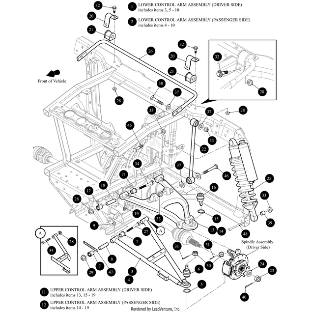 Labeled diagram of a vehicle’s front suspension showing components like the Upper Control Arm Assembly Medium Green (Passenger Side) by Arctic Cat, spindle assembly, and shock absorber—ideal for identifying OEM parts on Arctic Cat Wildcat models.