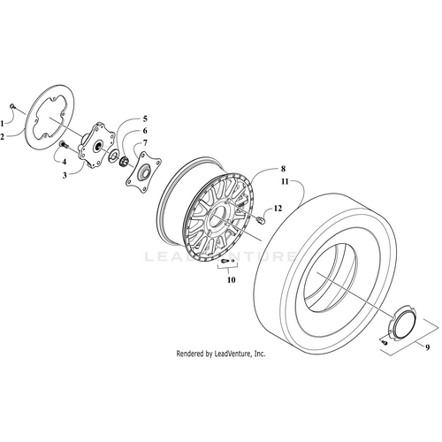 Exploded diagram of a car wheel assembly, highlighting parts like the tire, rim, bolts, hub, and the Wheel Center Cap by Arctic Cat. For OEM Arctic Cat Wheel Center Caps and more parts, visit Witchdoctors.com.