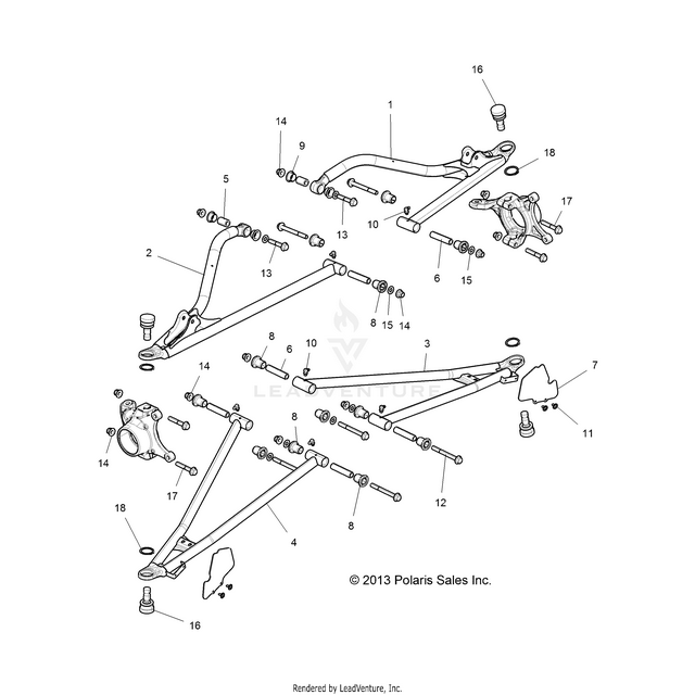 An Image of a Genuine Polaris Parts Schematic Diagram showing the schematic - SUSPENSION: FRONT CONTROL ARMS - 2016 POLARIS RZR XP 4 1000