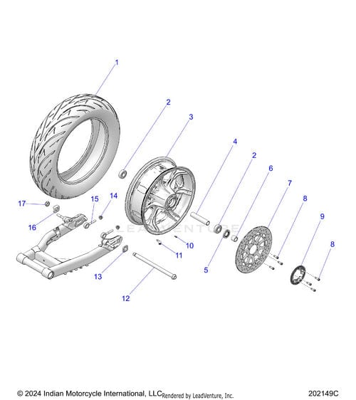 Exploded diagram of a motorcycle rear wheel assembly, with components like the Tire Rear 180/65B16 81H R Crstc by Polaris, wheel rim, OEM parts, brake disc, sprocket, swingarm, axle, and hardware—all numbered and separated for clarity.