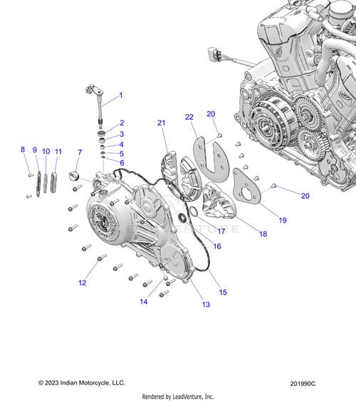 Exploded diagram of the Polaris Cover Primary Mach Jblk | Incl. 14 assembly, showing numbered parts like bolts, gaskets, and clutch components. Genuine Polaris OEM parts available at Witchdoctors.com.