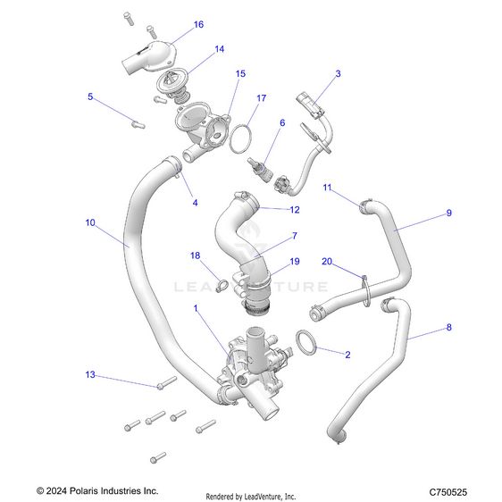 An Image of a Genuine Polaris Parts Schematic Diagram showing the schematic - ENGINE: WATERPUMP AND BYPASS - 2025 POLARIS RZR XP 1000 PREMIUM