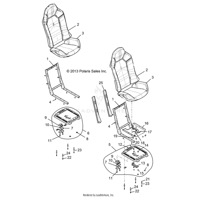 An Image of a Genuine Polaris Parts Schematic Diagram showing the schematic - BODY: SEAT ASM. AND SLIDER - 2015 POLARIS RZR XP 4 1000