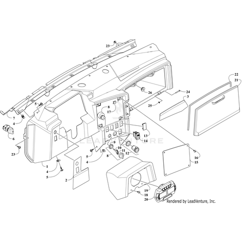 Black and white diagram of an Arctic Cat UTV dashboard assembly with numbered OEM parts, including the dashboard panel, glove box, switches, vents, knobs, controls, and the Gauge Dual Lcd-Iso (19 Xx) by Arctic Cat—shown disassembled and clearly labeled.