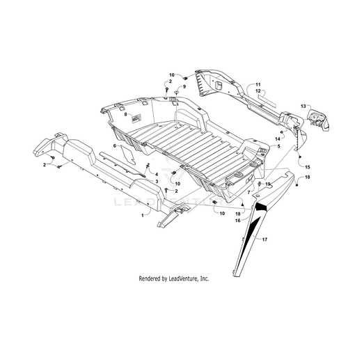 Black-and-white technical diagram showing a labeled exploded view of a vehicle’s underbody and frame parts, highlighting the Rear Fender-Right-Matte Black by Arctic Cat with numbered callouts for each component.