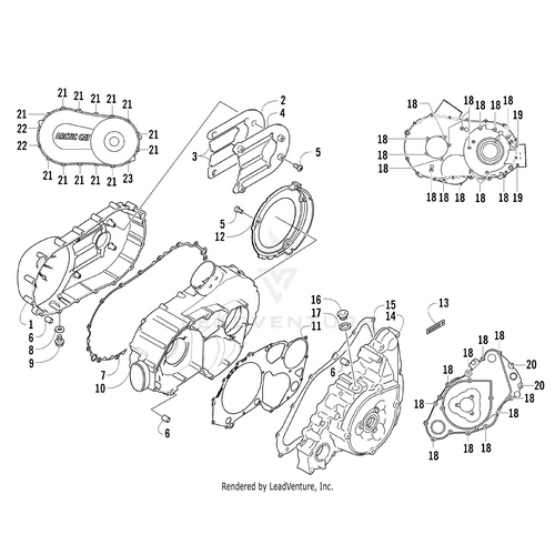 Exploded diagram of an ATV engine side cover, featuring the Damper V-Belt Cover No.2 by Arctic Cat, gaskets, screws, OEM parts, and related components—each item is numbered for easy identification.
