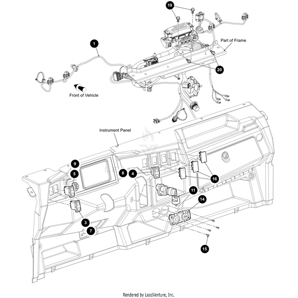Exploded diagram of a Stampede 4 Models instrument panel, showing labeled electrical components and wiring with OEM Arctic Cat parts like the 2 Position Switch 4WD Non-Illuminated—callouts numbered 1–20 for dashboard assembly.