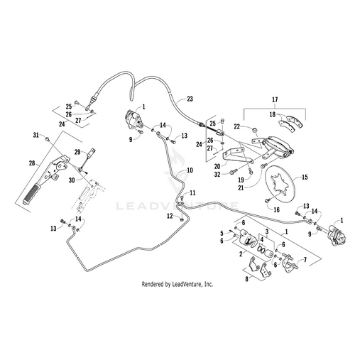 Labeled diagram displays mechanical parts and cables for vehicle assembly using OEM Arctic Cat components. Each item, including the Caliper Parking Brake (Inc. 18) by Arctic Cat, is numbered for easy identification—cables, levers, brackets, bolts.