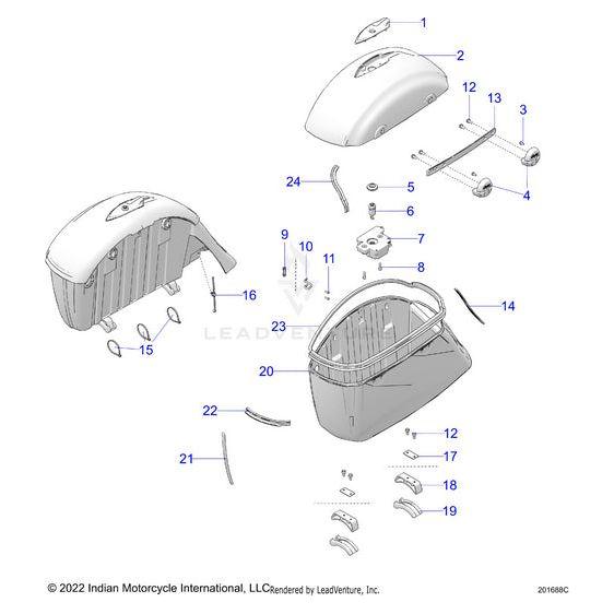 Exploded diagram of the Polaris Lid Saddlebag LH Hvymbkm [Heavy Metal / Black Metallic] shows numbered OEM components, including hardware, brackets, and fasteners for assembly or repair of Indian Motorcycle saddlebags and fuel tank.