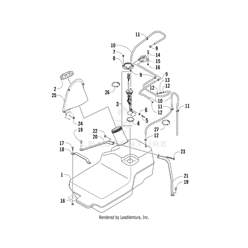 Exploded diagram of Gas Tank - Assembly (Inc. 2-8) by Arctic Cat for UTV/ATV, showing numbered parts like tank, hoses, filler neck, cap, clamps & mounting hardware. Each part is labeled using genuine OEM Arctic Cat references.