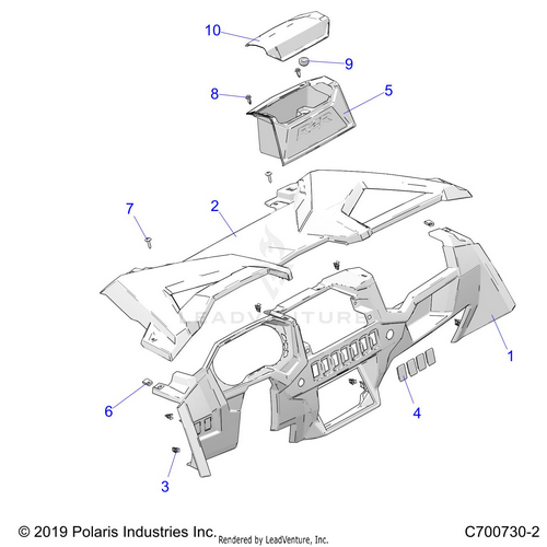 An Image of a Genuine Polaris Parts Schematic Diagram showing the schematic - BODY: DASH AND GLOVEBOX - 2021 POLARIS RZR TURBO S