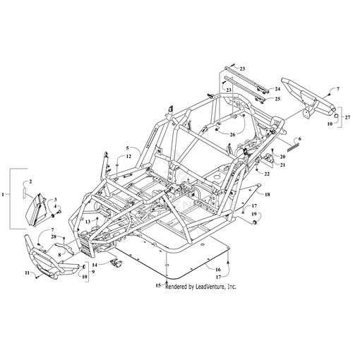 Line drawing diagram of an Arctic Cat Wildcat’s tubular frame chassis with numbered parts, including OEM components like the Bracket Bumper-Painted Black by Arctic Cat, front and rear bumpers, side panels, crossbars, and mounting points.